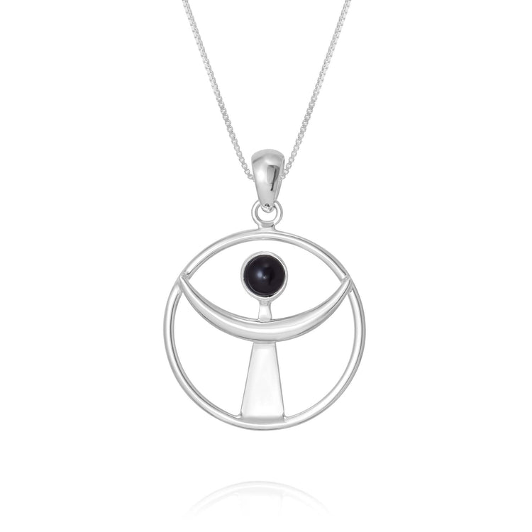 Introducing the Releasing From the Deepest Fears Pendant by Kaora Sandara Jewelry. This Size L, sterling silver 925 necklace features a delicate circular charm. Inside the circle, a geometric figure resembling a person is set with a black agate stone as its head, positioned below a crescent shape. The pendant is designed to release you from your deepest fears and hangs elegantly from a fine silver chain.