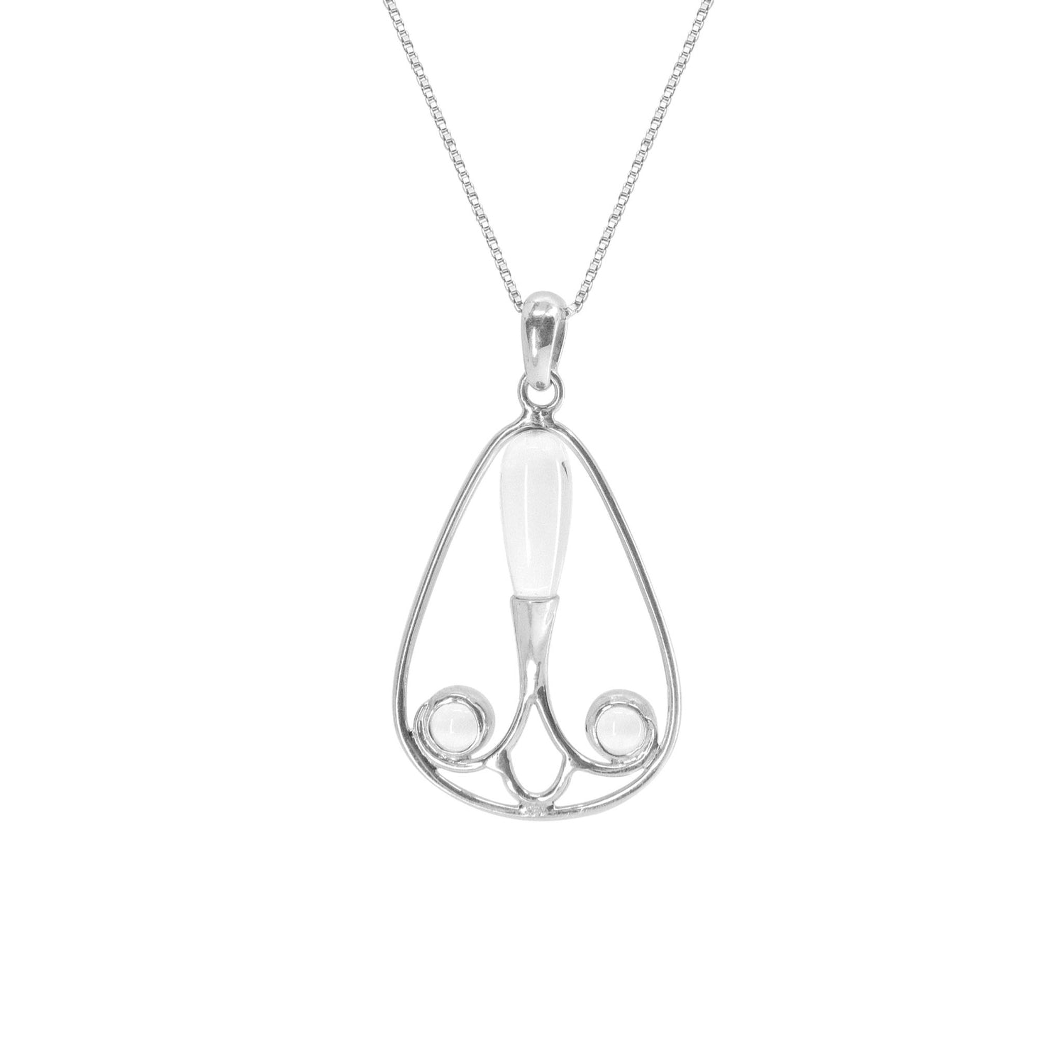 The Kaora Sandara Jewelry Self-Worth Pendant - Sterling Silver with Crystal is a delicate necklace featuring a pendant with a teardrop-shaped frame. Inside the teardrop, there is an elongated oval gemstone at the center, accompanied by two symmetrical spiral designs at the bottom. This elegant pendant hangs gracefully from a fine silver chain.