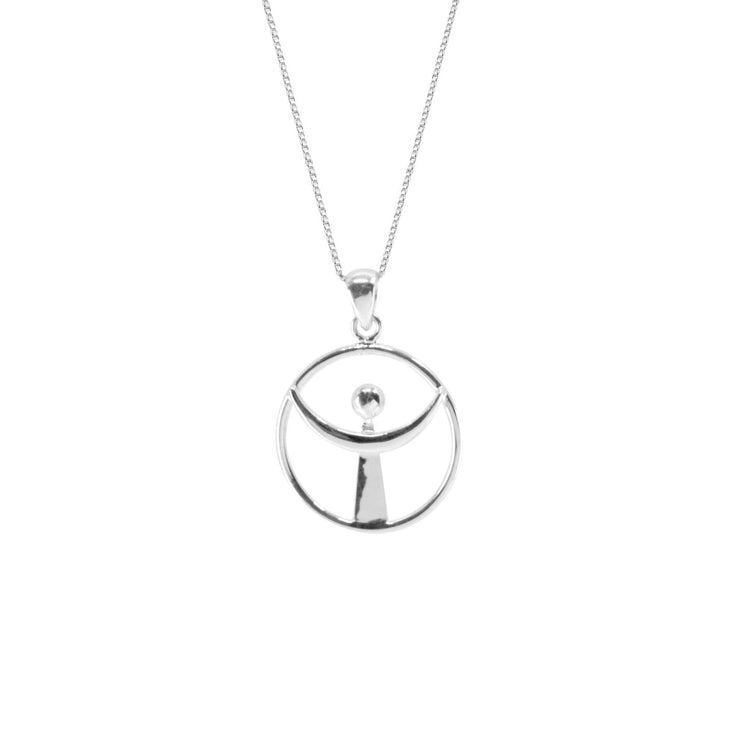 On a white background, pendant from the Releasing from the deepest fears series, size S, round in shape, made of silver.