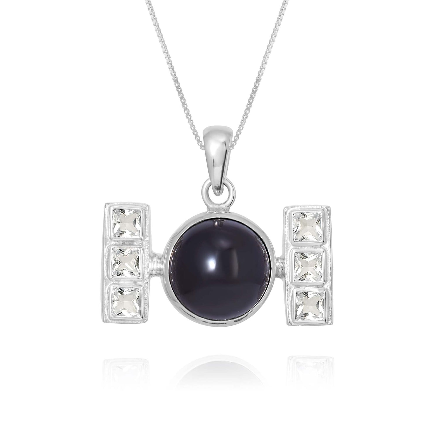 The Health Formula Pendant by Kaora Sandara Jewelry is crafted from Sterling Silver 925 and showcases a distinctive design that resembles a miniature dumbbell. It features a central black agate gemstone flanked by two rectangular sections, each inlaid with three clear square gemstones. The delicate chain enhances the necklace's elegant appeal.