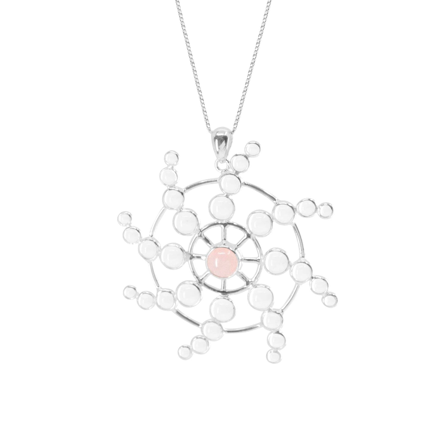 The Perfection of Life Pendant from Kaora Sandara Jewelry is a stunning sterling silver necklace with a delicate, simple chain. The pendant showcases an exquisite circular design that resembles an abstract snowflake, featuring interconnected circular elements and a central Rose Quartz gemstone symbolizing the Perfection of Life.