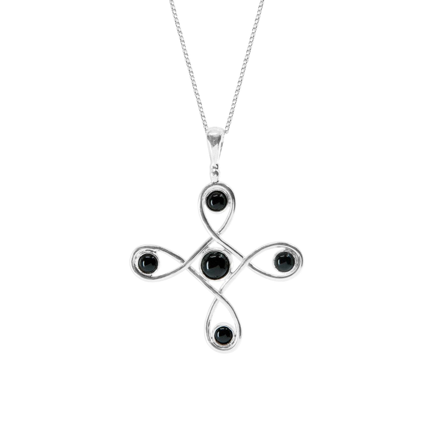 Introducing the Programs Clearing Pendant from Kaora Sandara Jewelry: a sterling silver 925 necklace featuring a looping, cross-shaped pendant adorned with five black agate gemstones. One gem is set at the center of the pendant, with one on each of the four ends of the cross. The necklace chain is delicate and simple in design, adding an elegant touch to any outfit.