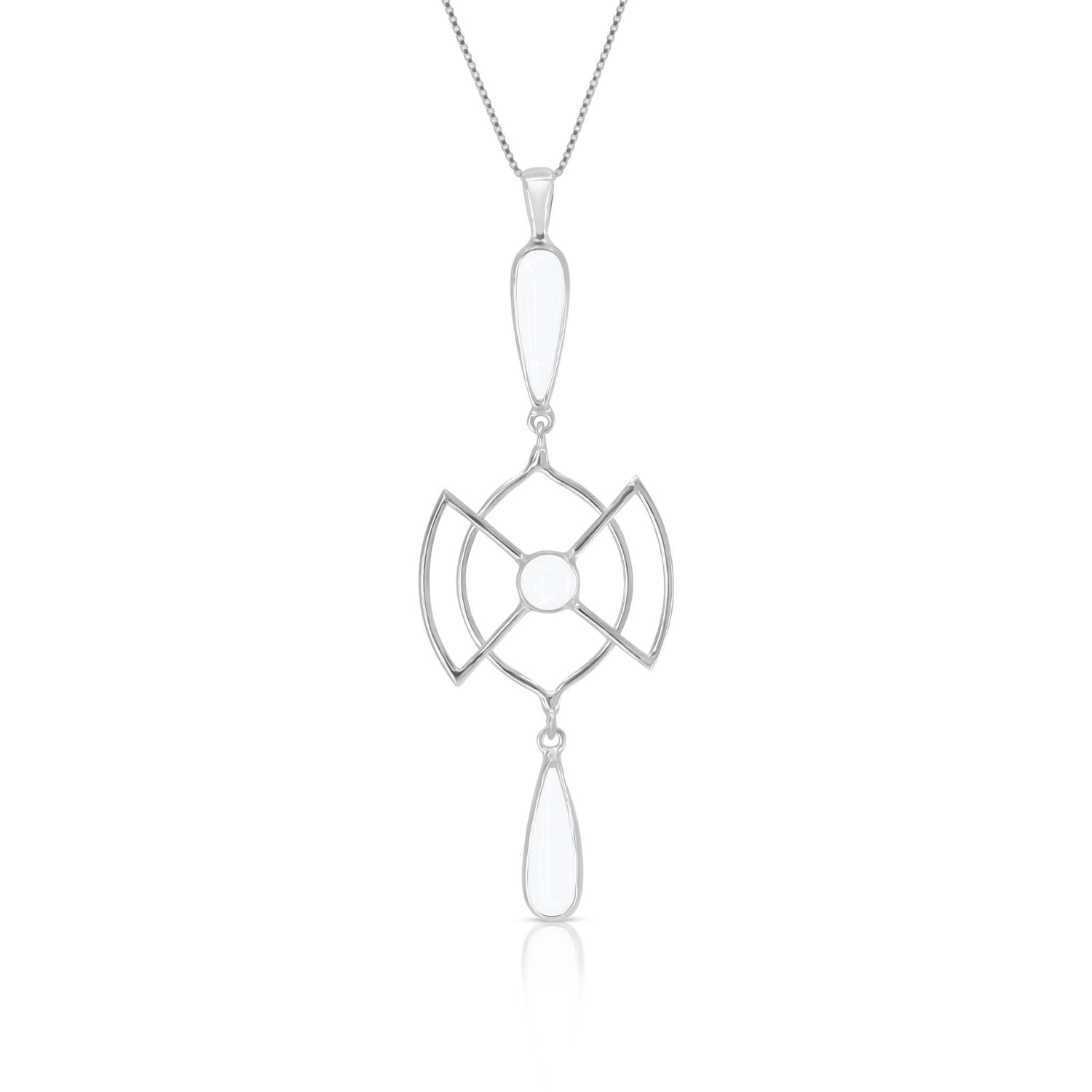 The Soul Guidance Pendant - Sterling Silver with Crystal by Kaora Sandara Jewelry showcases a geometric design featuring a circular center and open arcs creating a cross-like shape. This pendant is adorned with elongated, teardrop-shaped charms at the top and bottom, all set in Sterling Silver 925, complemented by transparent rhinestone crystal accents on its fine, delicate chain.