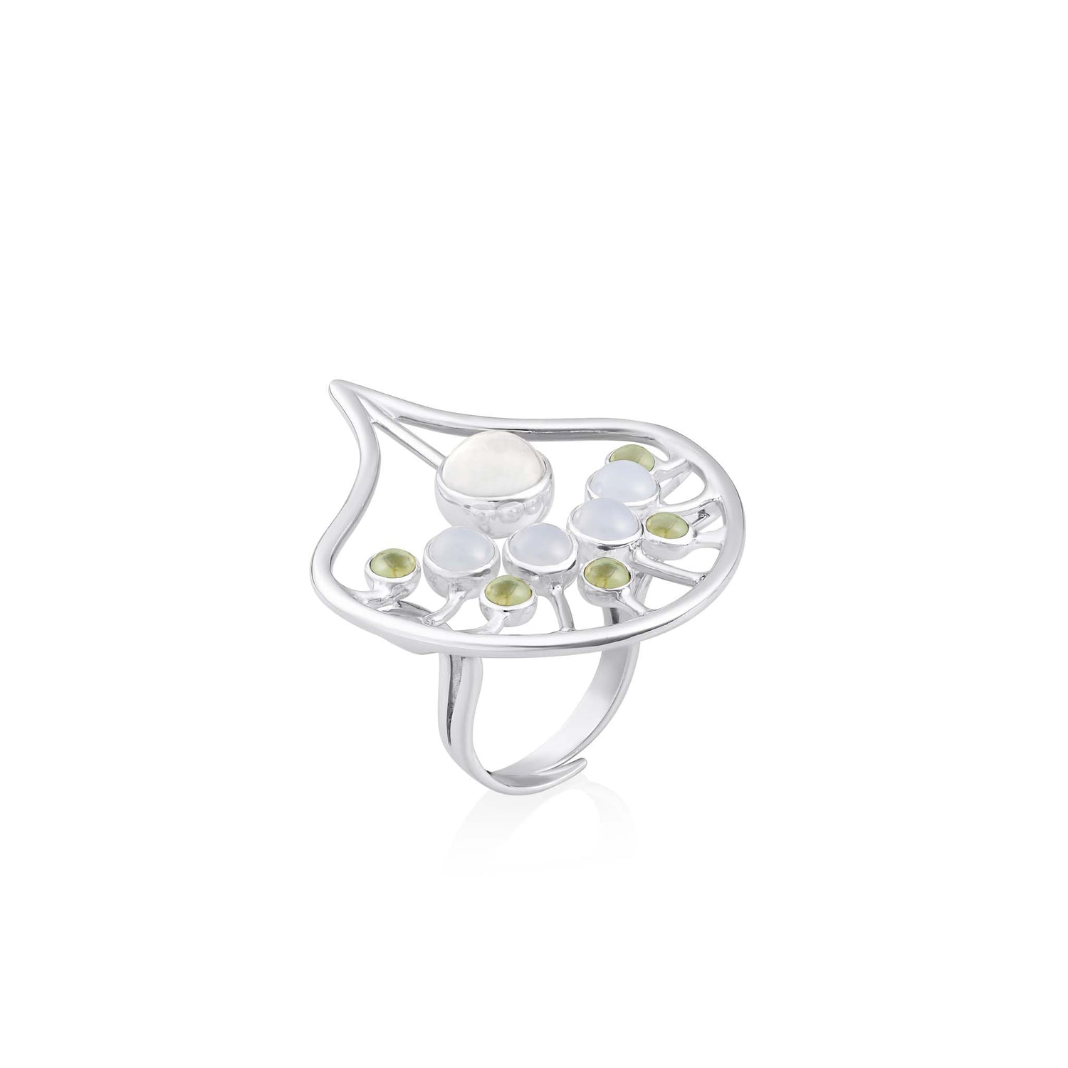 Introducing the Body Relaxation Ring from Kaora Sandara Jewelry. This sterling silver ring features a unique, leaf-shaped design that promotes body relaxation. Adorned with a central, teardrop-shaped crystal and several smaller round gemstones in pale green chalcedony and peridot, it's arranged in an artistic, open metalwork pattern to enhance energy flow.