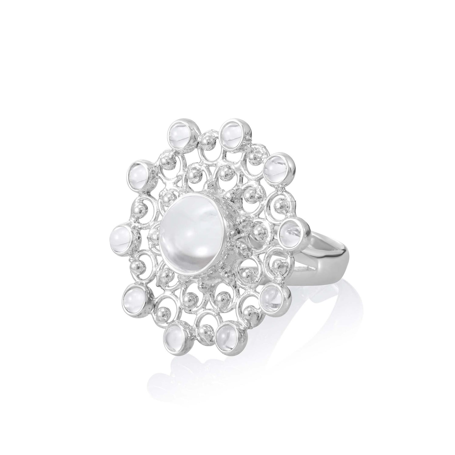 Discover the Purity Ring by Kaora Sandara Jewelry, a breathtaking piece from our collection. This sterling silver 925 ring, available in size S, features an intricate circular design with a large, round pearl at its center. Surrounding the pearl is a stunning pattern of smaller pearls and sparkling clear rhinestone crystals. The polished band adds an extra touch of elegance to this exquisite ring.