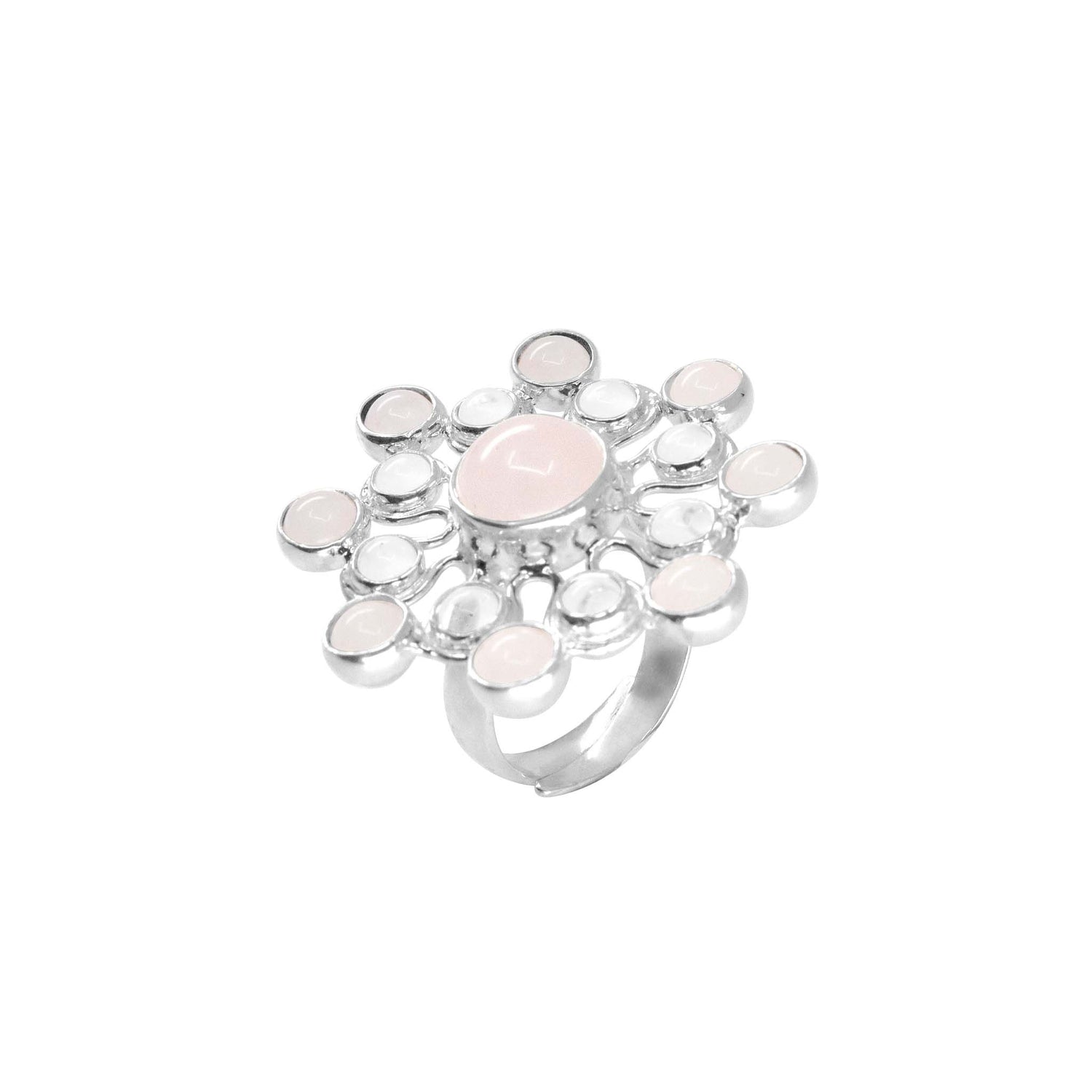 The "Source of Love Ring" from Kaora Sandara Jewelry is crafted in sterling silver 925 and features a flower-like design with a captivating central rose quartz gemstone encircled by smaller round white crystals. The band is simple and smooth, giving the ring an intricate yet elegant appearance.