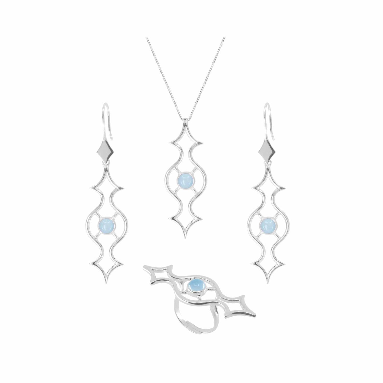 A jewelry set from Kaora Sandara Jewelry consisting of a Sterling Silver 925 pendant, a pair of Quantum Shift NEW Earhooks with Chalcedony, and a coordinating ring. Each piece showcases an intricate wavy design centered with a small, round light blue Chalcedony gemstone. The pendant dangles elegantly from a delicate chain.
