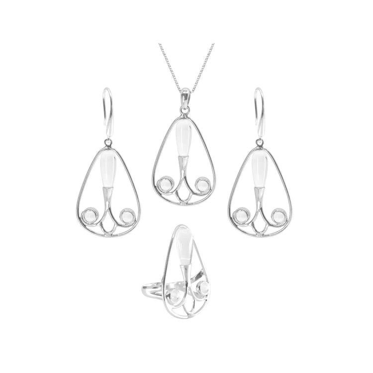 A matching jewelry set from Kaora Sandara Jewelry featuring a pair of Sterling Silver 925 teardrop earrings, a pendant necklace, and the Self-Worth Ring - Sterling Silver with Crystal. Each piece boasts an intricate swirl design centered around an elongated white gemstone, elegantly displayed against a white background.