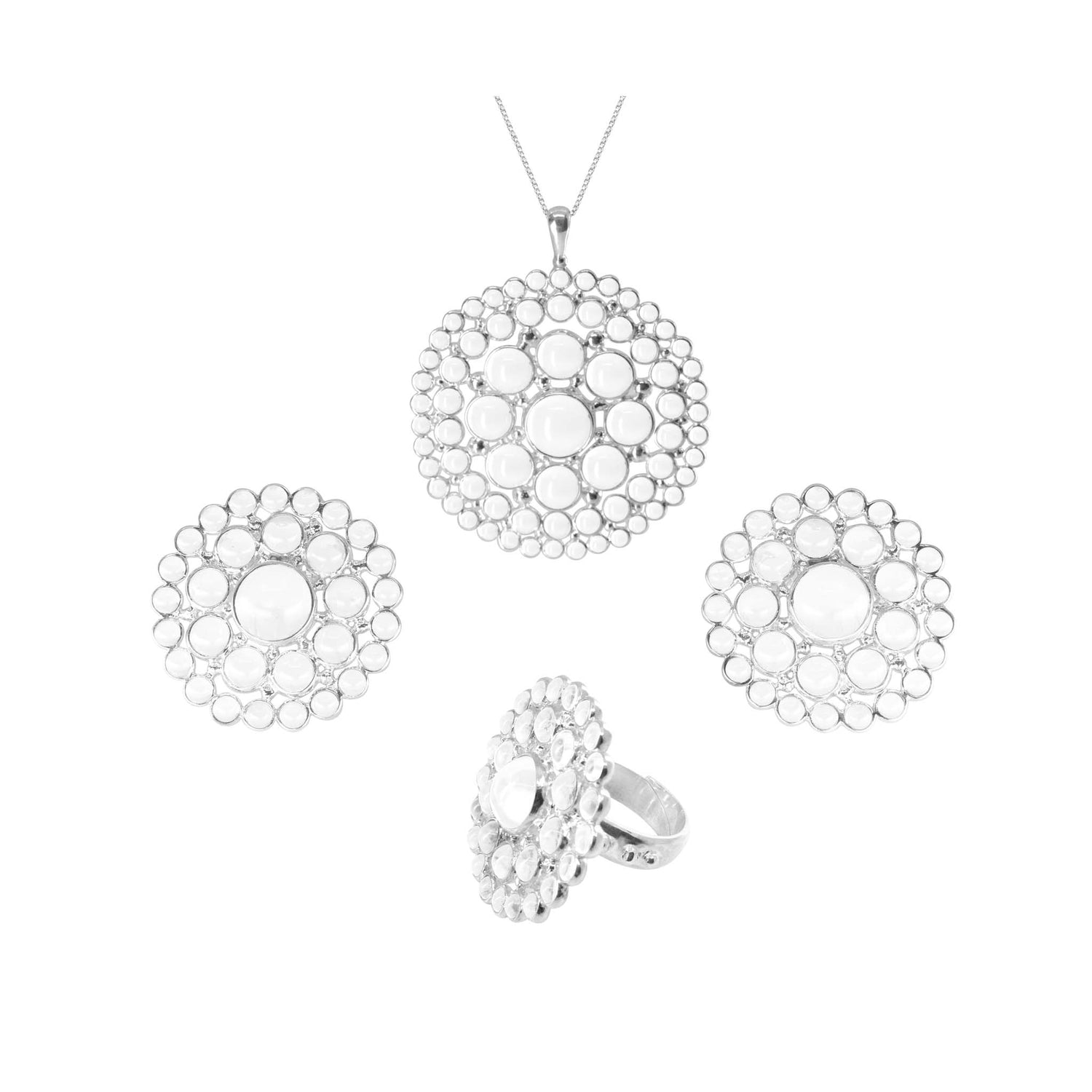 Kaora Sandara Jewelry presents the Purity Pendant – a luxurious sterling silver 925 jewelry set, featuring a necklace, ring, and earrings. Each piece showcases a circular design with a large central gemstone surrounded by smaller gems in an intricate openwork pattern. The sophisticated necklace is elegantly displayed on a fine silver chain, accentuated by a transparent rhinestone crystal for added sophistication. Available in size L.