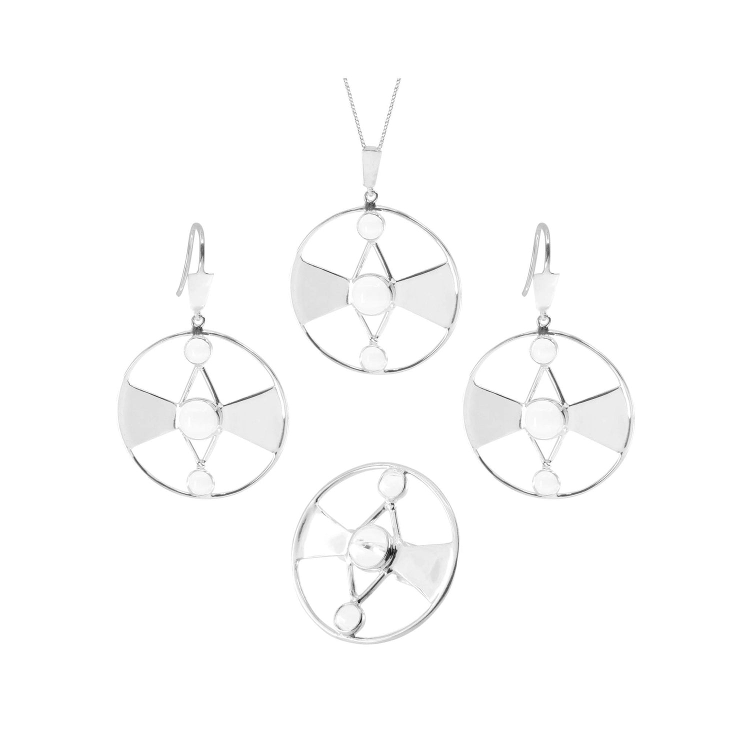 Introducing the Honesty Earhooks by Kaora Sandara Jewelry – a stunning set of Sterling Silver 925 jewelry featuring a necklace, two earrings, and a ring. Each piece is intricately designed with a circular geometric pattern composed of intersecting lines and shapes, creating a modern, minimalist aesthetic. The set is elegantly adorned with transparent rhinestone crystals for an added touch of sophistication.