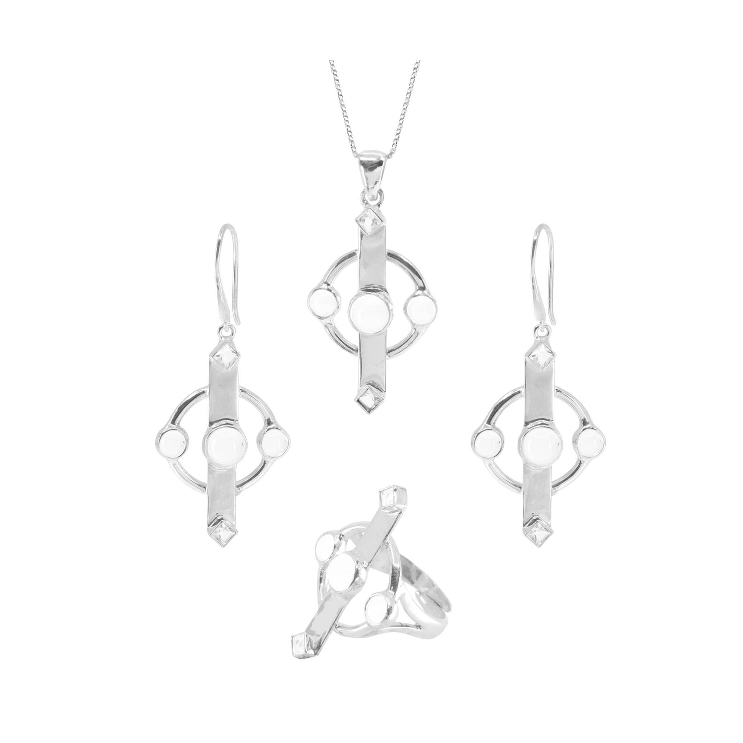 The Inner Clarity Earhooks jewelry set by Kaora Sandara Jewelry, crafted from sterling silver 925, includes a pendant on a chain necklace, drop earrings, and a ring. Each piece is adorned with transparent crystal gemstones and designed with geometric shapes such as circles and intersecting lines for a modern, contemporary aesthetic.