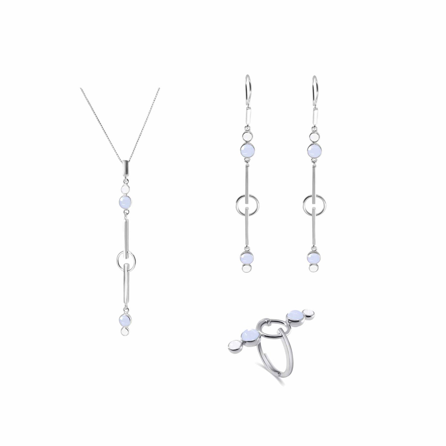 Introducing the Kaora Sandara Jewelry State Pendant - a stunning minimalist set featuring Chalcedony Sterling Silver pieces adorned with light blue gemstones. This elegant and modern collection includes a long state pendant necklace, a pair of dangling earrings with two gemstones each, and a ring embellished with three gemstones. Designed to promote inner balance, this set is perfect for those seeking both style and serenity.